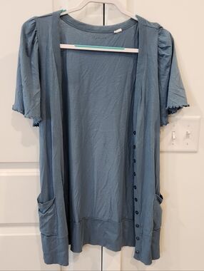 Light Blue Short Sleeve Open Cardigan with Pockets